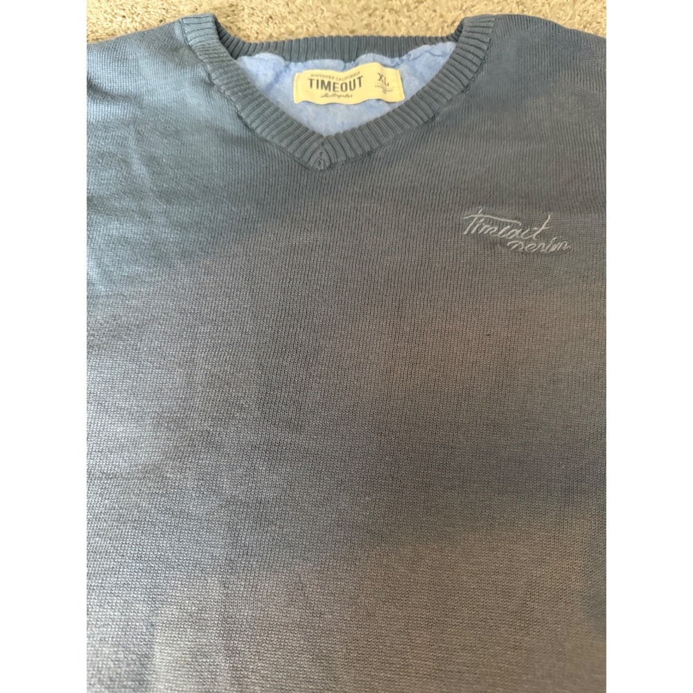 Timeout Los Angeles Mens V-Neck Sweater Blue Grey XL Knit Pullover Logo